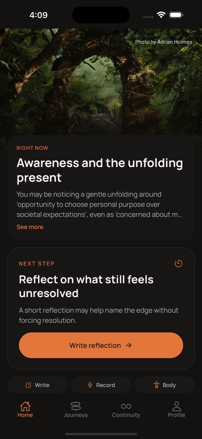 Nacura mobile app showing a continuity reflection and suggested next step